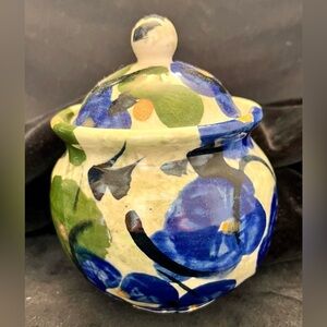 Pottery Hand Painted Sugar Bowl Honey Pot Signed Eden Cottagecore Pansy Floral